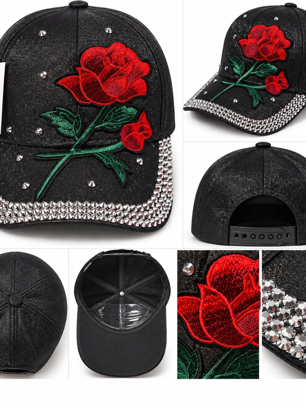 Black Rose Embroidered Rhinestone Bling Baseball Cap NWT